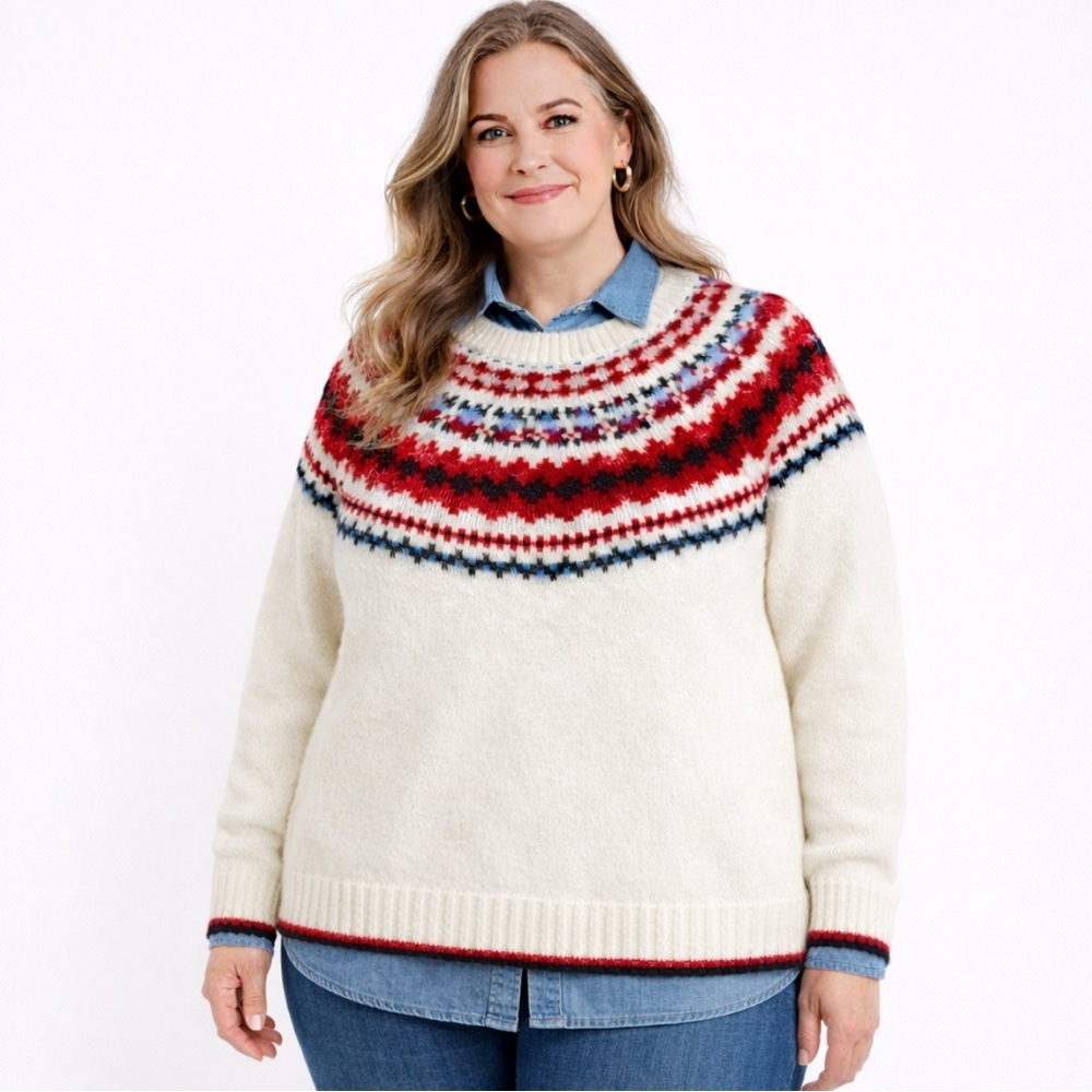 Lane Bryant Sweater Fair Isle Crewneck 22/24 Ivory Red Black Blue Cozy Holiday
